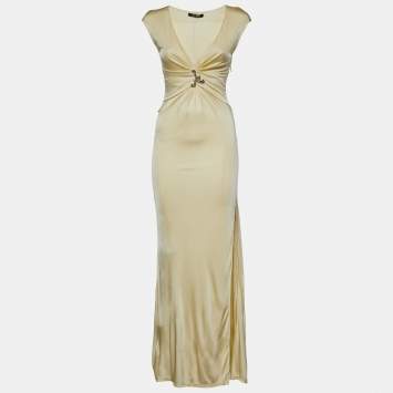 Pre Owned Roberto Cavalli Cream Jersey Snake Brooch Detail Maxi Dress S