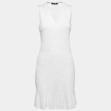 Pre Owned Roberto Cavalli White Patterned Knit Sleeveless V-Neck Dress M