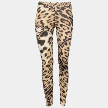 مملوكة مسبقًا Roberto Cavalli Beige Leopard Print Stretch Knit Leggings S