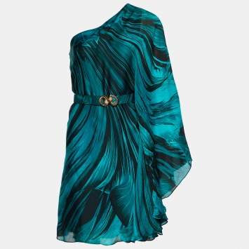 Pre Owned Roberto Cavalli Green Printed Silk One Shoulder Belted Kaftan Top M