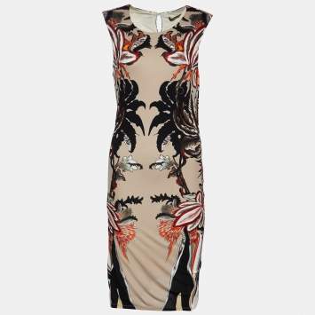 Pre Owned Roberto Cavalli Beige Floral Print Jersey Sleeveless Dress M