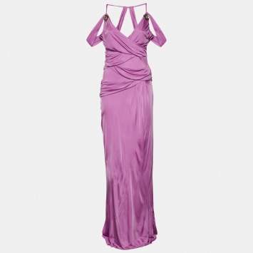 Pre Owned Roberto Cavalli Pink Jersey Flower Brooch Detail Sleeveless Maxi Dress L