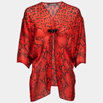 Pre Owned Roberto Cavalli Red Animal Print Silk Top One Size   