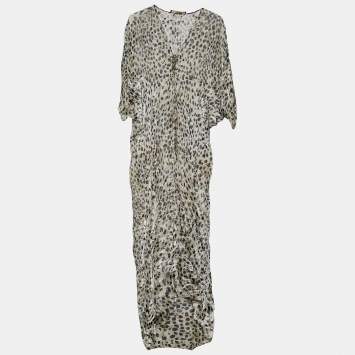 Pre Owned Roberto Cavalli Beige Animal Printed Velour Sheer Kaftan Maxi Dress M