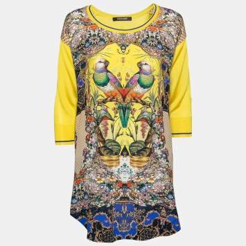 Pre Owned Roberto Cavalli Yellow Printed Silk Round Neck Top S
