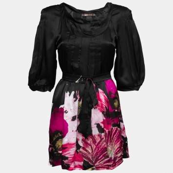 Pre Owned Roberto Cavalli Black Floral Print Silk Belted Top S  