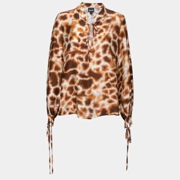 Pre Owned Roberto Cavalli Brown Printed Crepe De Chine Tie Detail Blouse S