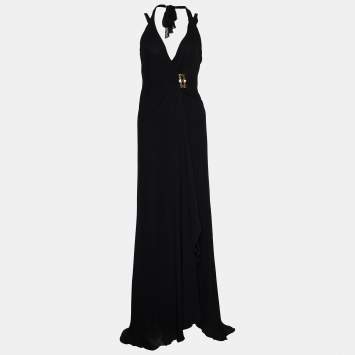 Pre Owned Roberto Cavalli Black Silk Halter Neck Long Dress S