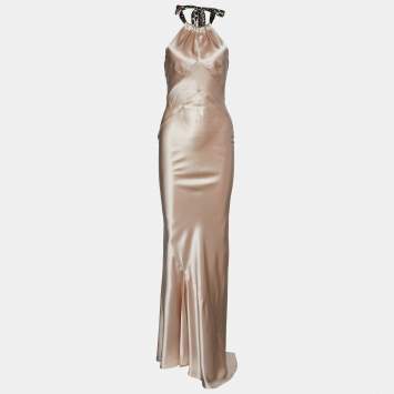 Pre Owned Roberto Cavalli Light Pink Silk Satin Halter Neck Maxi Dress XS