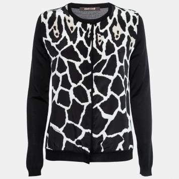 مملوكة مسبقًا Roberto Cavalli Black Printed Silk Inset & Knit Long-Sleeve Cardigan S