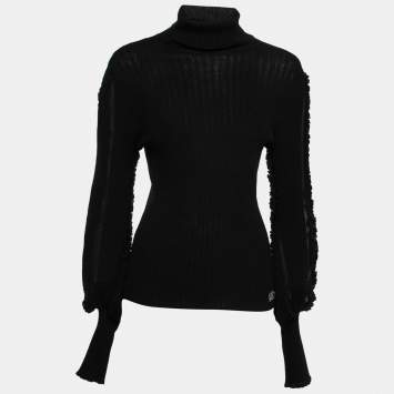 Pre Owned Roberto Cavalli Black Rib Knit Wool Silk Trimmed Turtle Neck Sweater L