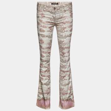Pre Owned Roberto Cavalli White Animal Printed Denim Flared Leg Jeans S