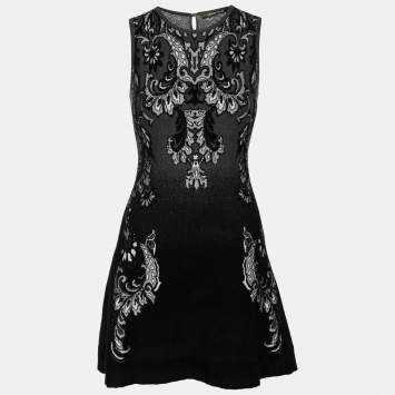 Pre Owned Roberto Cavalli Black Jacquard Micro Velvet Sleeveless Flared Dress S