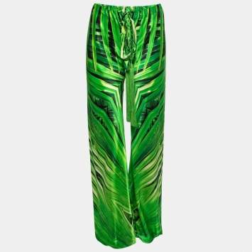 مملوكة مسبقًا Roberto Cavalli Green Printed Silk Tassel-Tie Harem Pants S