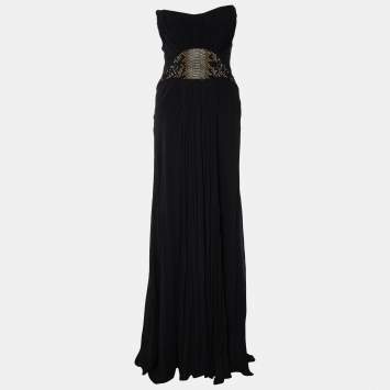 Pre Owned Roberto Cavalli Black Embellished Silk Crepe Corset Detail Strapless Gown M