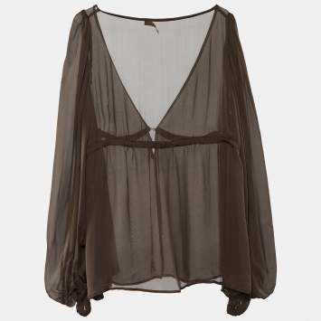 Pre Owned Roberto Cavalli Brown Silk Bell Sleeve Top L