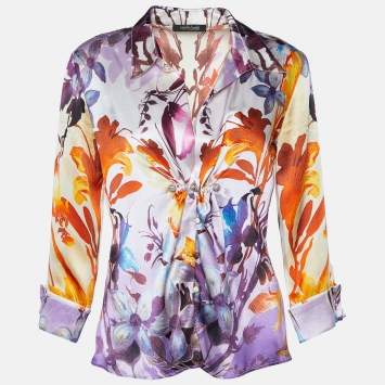 Pre Owned Roberto Cavalli Multicolor Floral Printed Silk Satin Shirt M