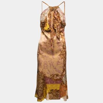 Pre Owned Roberto Cavalli Multicolor Printed Silk Satin Halter Neck Dress M
