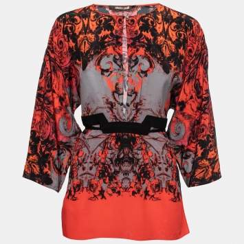 Pre Owned Roberto Cavalli Orange Printed Silk Blouse S