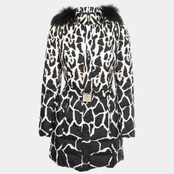 Pre Owned Roberto Cavalli Black Animal Printed Down Padded Fur Lined Puffer Jacket M