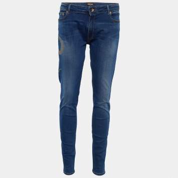 Pre Owned Roberto Cavalli Indigo Denim Serpenti Print Skinny Jeans L