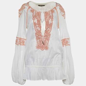 Pre Owned Roberto Cavalli White Embellished Cotton Peasant Blouse M