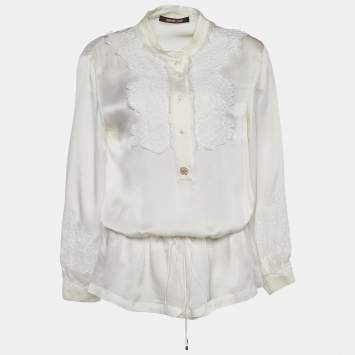 Pre Owned Roberto Cavalli Off-White Crepe de Chine Floral Applique Blouse M