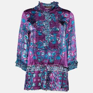Pre Owned Roberto Cavalli Purple Floral Print Silk Blouse M