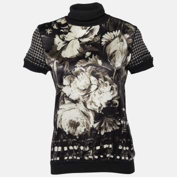 Pre Owned Roberto Cavalli Black Printed Silk & Wool Turtleneck T-Shirt S