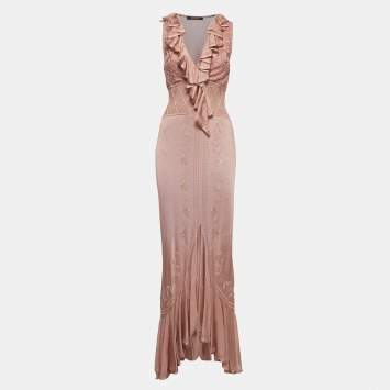 Pre Owned Roberto Cavalli Pink Floral Jacquard Knit Ruffled Maxi Dress S