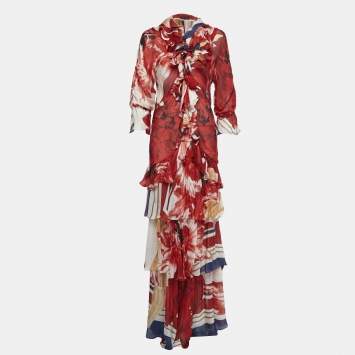 Pre Owned Roberto Cavalli Red Printed Silk Ruffle Detail Tiered Maxi Dress L