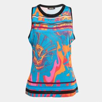 Pre Owned Roberto Cavalli Blue Floral Printed Knit Sleeveless Top L