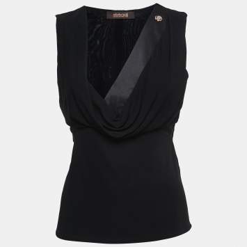 Pre Owned Roberto Cavalli Black Jersey Satin Trimmed Draped V-Neck Top M