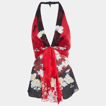 Pre Owned Roberto Cavalli Black & Red Floral Printed Silk Halter Top S