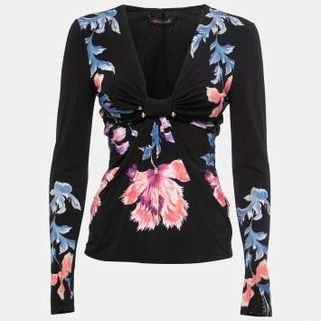 Pre Owned Roberto Cavalli Black Floral Printed Jersey Knot Detail Top M