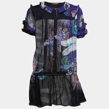Pre Owned Roberto Cavalli Blue Leaf Printed Silk Ruffled Blouse S