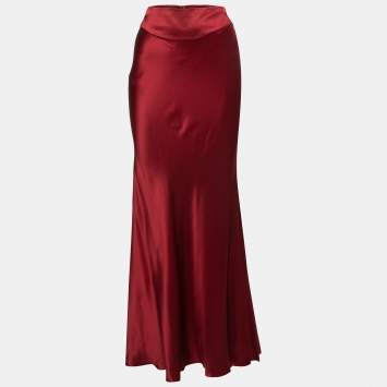 Pre Owned Roberto Cavalli Burgundy Silk Satin Flared Maxi Skirt S