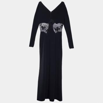 Pre Owned Roberto Cavalli Black Crepe & Embellished Lace Gown L