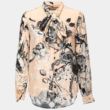 Pre Owned Roberto Cavalli Peach Floral Bird Print Silk Tie Neck Blouse S