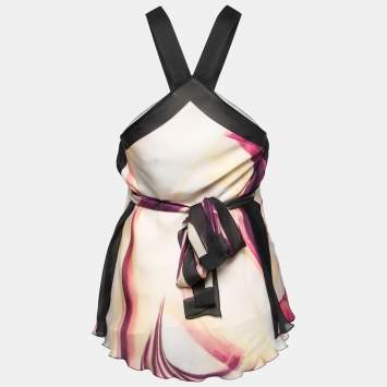 Pre Owned Roberto Cavalli Multicolor Printed Silk-Chiffon Halterneck Belted Top S