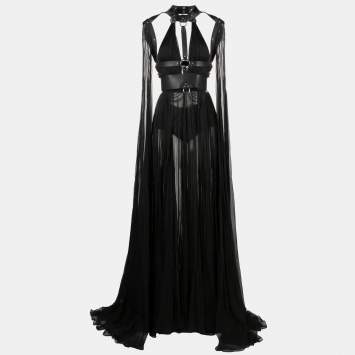 Pre Owned Roberto Cavalli Black Silk Chiffon Harness Maxi Dress S
