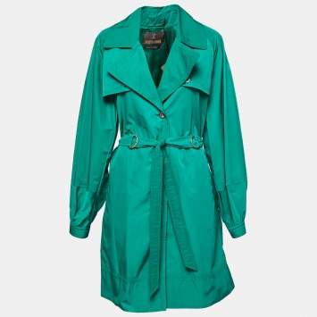 Pre Owned Roberto Cavalli Green Nylon & Cotton Belted Trench Coat M