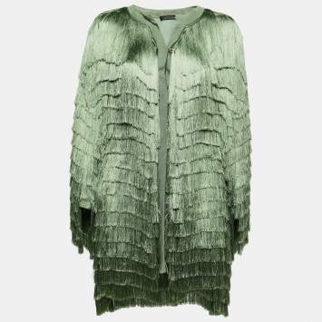 Pre Owned Roberto Cavalli Green Fringed Silk Jacket M