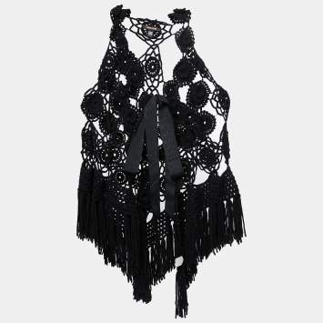 مملوكة مسبقًا Roberto Cavalli Black Wool Crochet Tie Front Sleeveless Vest One Size