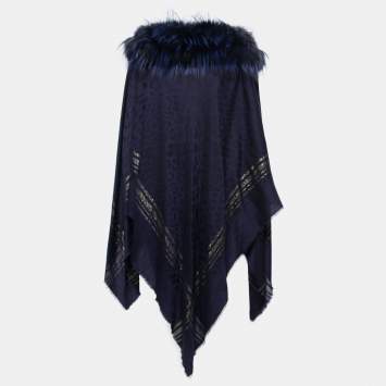 مملوكة مسبقًا Roberto Cavalli Blue Wool Fur Trimmed Collared Poncho One Size