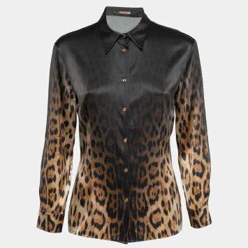 Pre Owned Roberto Cavalli Black/Brown Ombre Animal Print Silk Shirt L