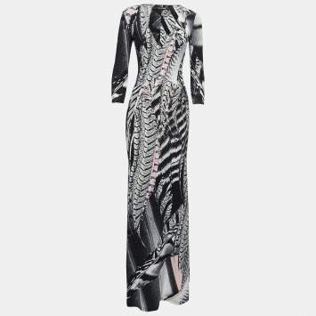 Pre Owned Roberto Cavalli Black Abstract Printed Jersey V-Neck Maxi Dress M