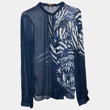 Pre Owned Roberto Cavalli Navy Blue Printed Cotton & Silk Tie Detail Shirt S