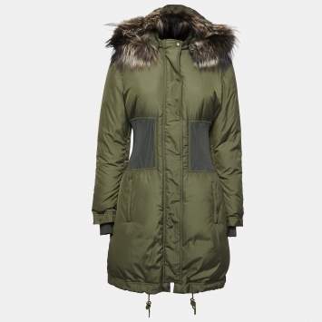 Pre Owned Roberto Cavalli Military Green Synthetic and Fur Trimmed Hooded Paded Coat M