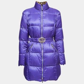 Pre Owned Roberto Cavalli Purple Quilted Synthetic Zipper Puffer Coat L